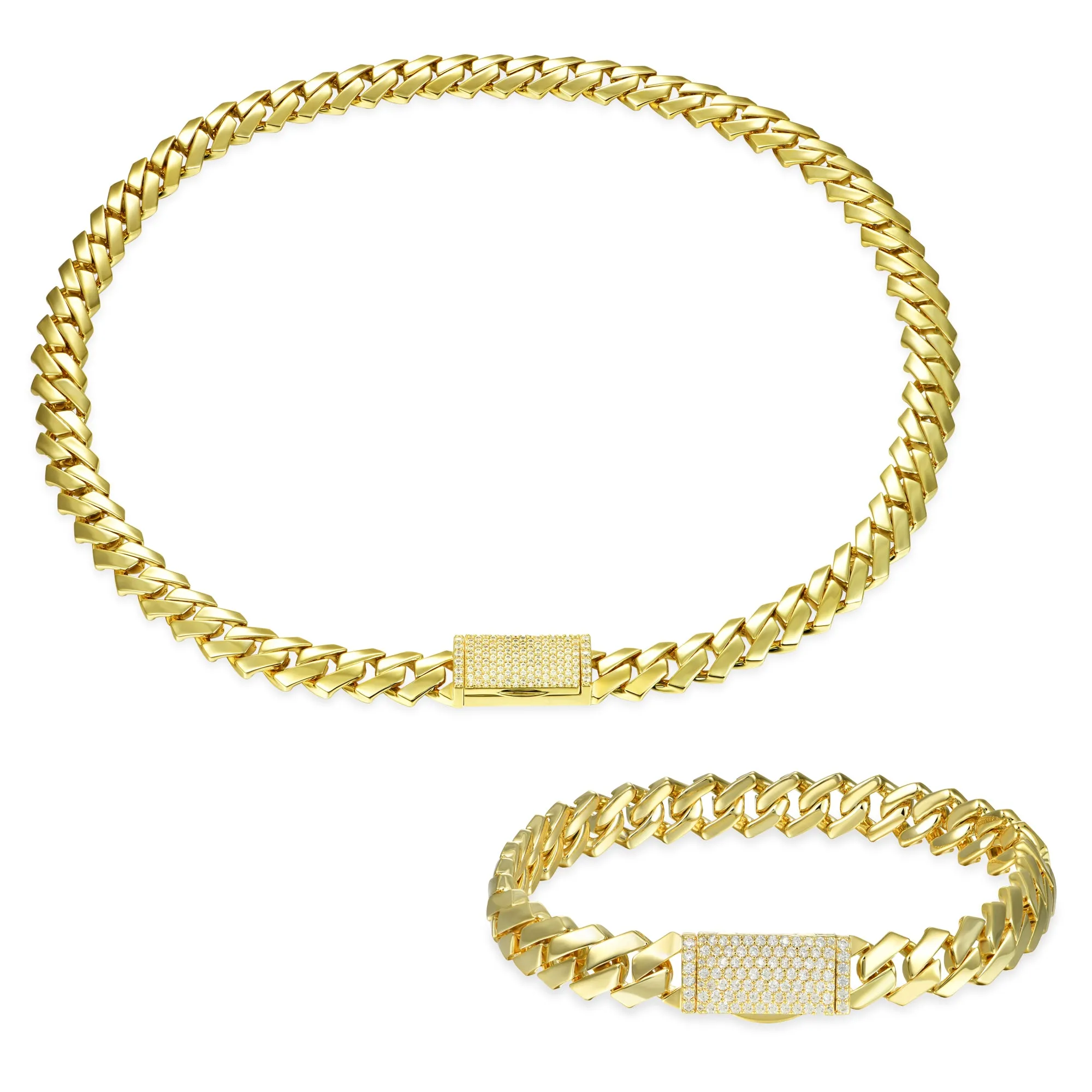 10mm Plain Gold Prong Cuban Link Chain   Bracelet Bundle