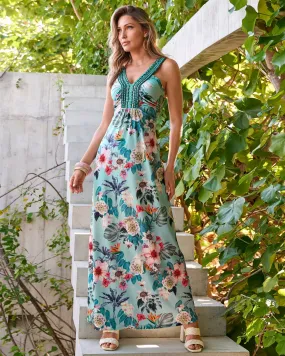 Barcelona Florals Print Embellished Knit Maxi Dress Aqua