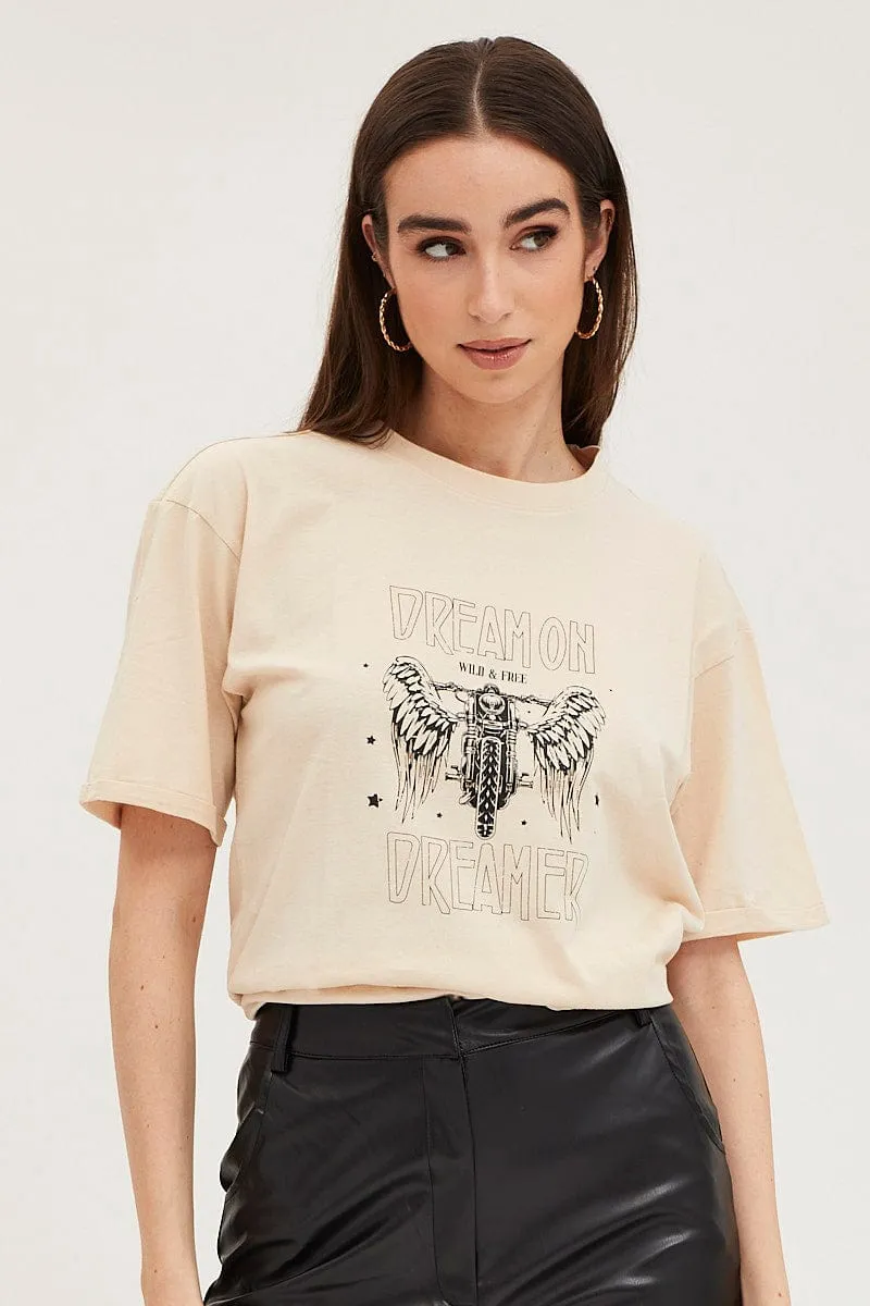 Beige Graphic T Shirt Short Sleeve