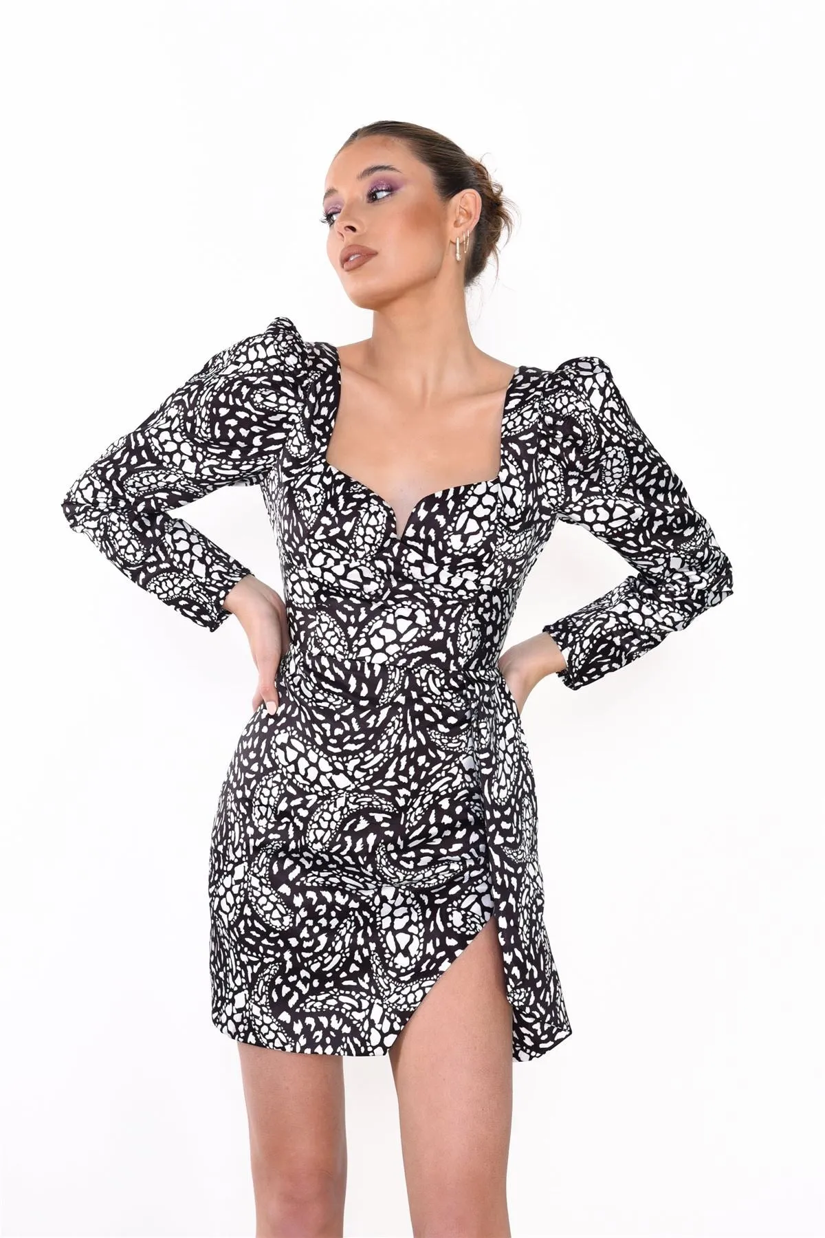 Black White Abstract Mono Satin Long Sleeve Mini Dress