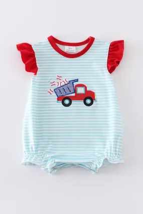 Blue stripe truck baseball applique girl bubble