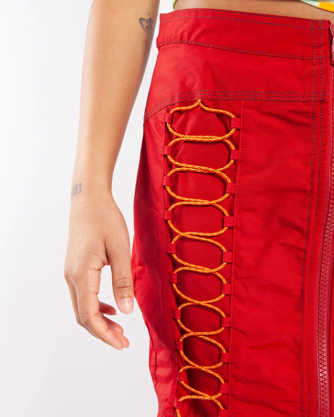 Brain Dead Triple Needle Bungee Zip Mini Skirt Chili