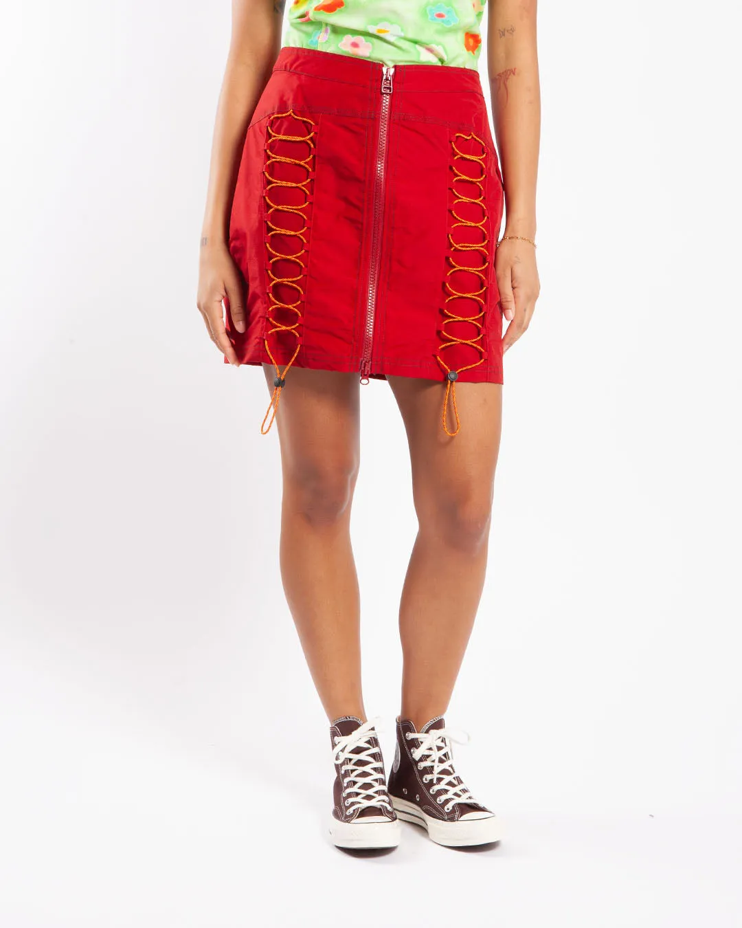 Brain Dead Triple Needle Bungee Zip Mini Skirt Chili