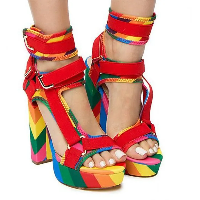 Canvas Rainbow Ankle Strap Chunky Heel Sandals