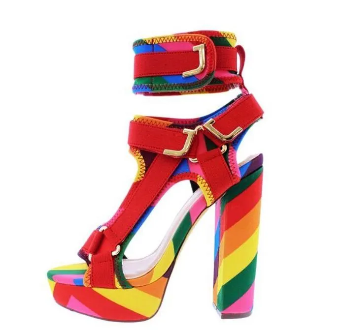 Canvas Rainbow Ankle Strap Chunky Heel Sandals