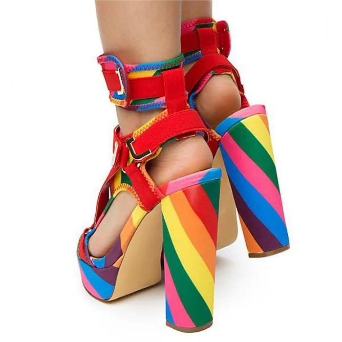 Canvas Rainbow Ankle Strap Chunky Heel Sandals