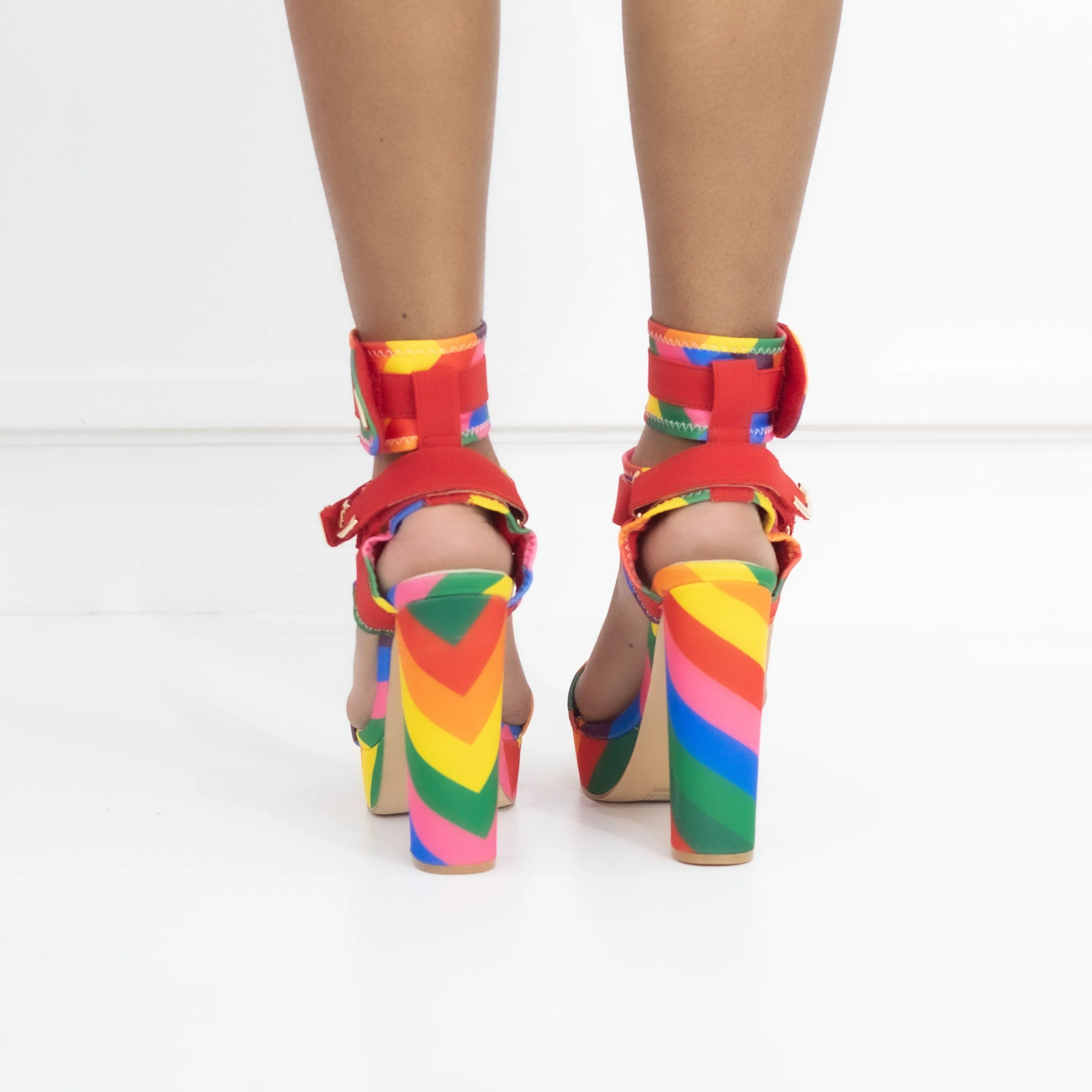 Canvas Rainbow Ankle Strap Chunky Heel Sandals