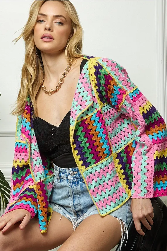 Colorful Crochet Open Cardigan