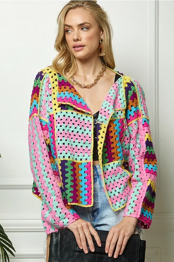 Colorful Crochet Open Cardigan