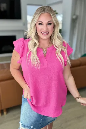 Crinkle Split Neckline Flutter Sleeve Top in Hot Pink - 4/24