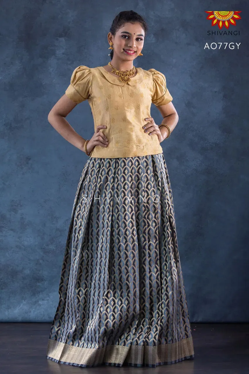 Girls Grey Golden Honeycomb Pattu Pavadai