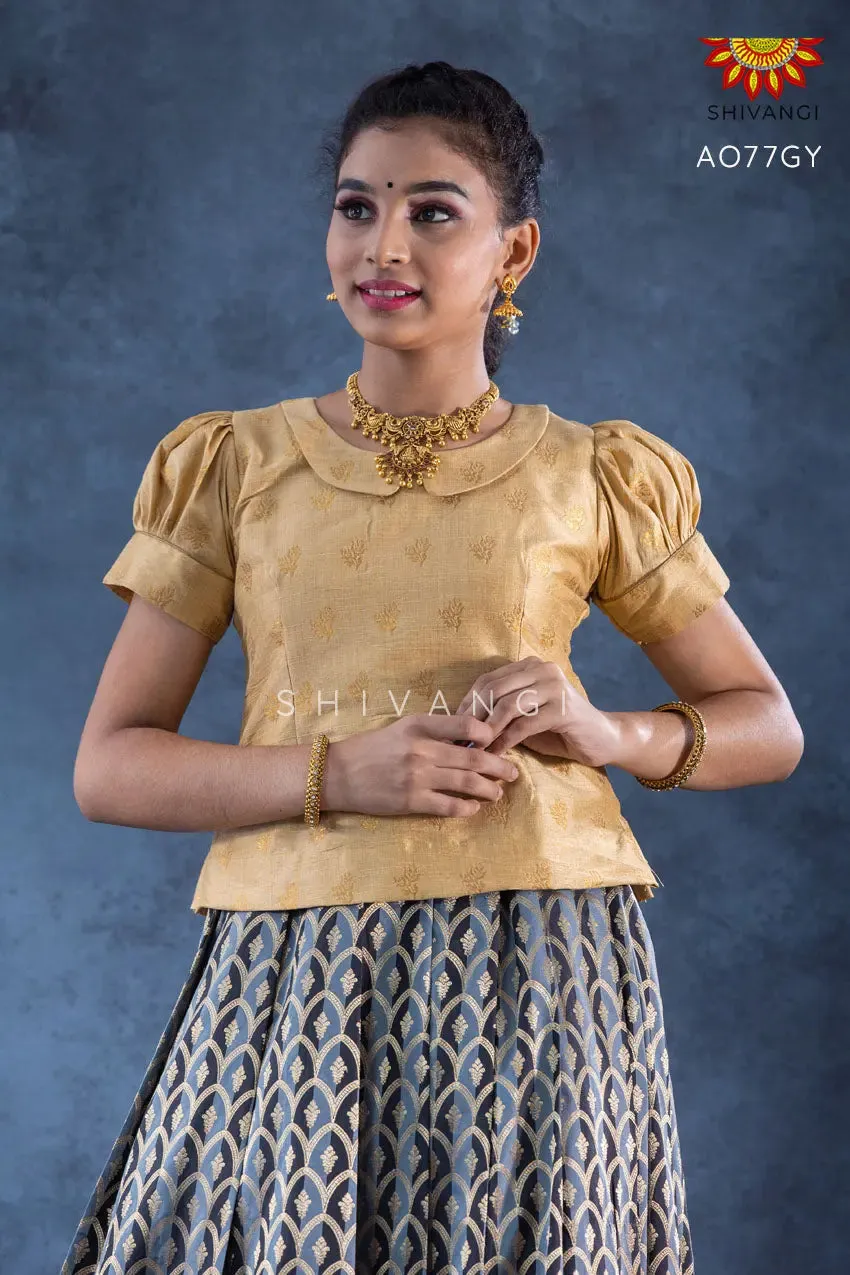 Girls Grey Golden Honeycomb Pattu Pavadai