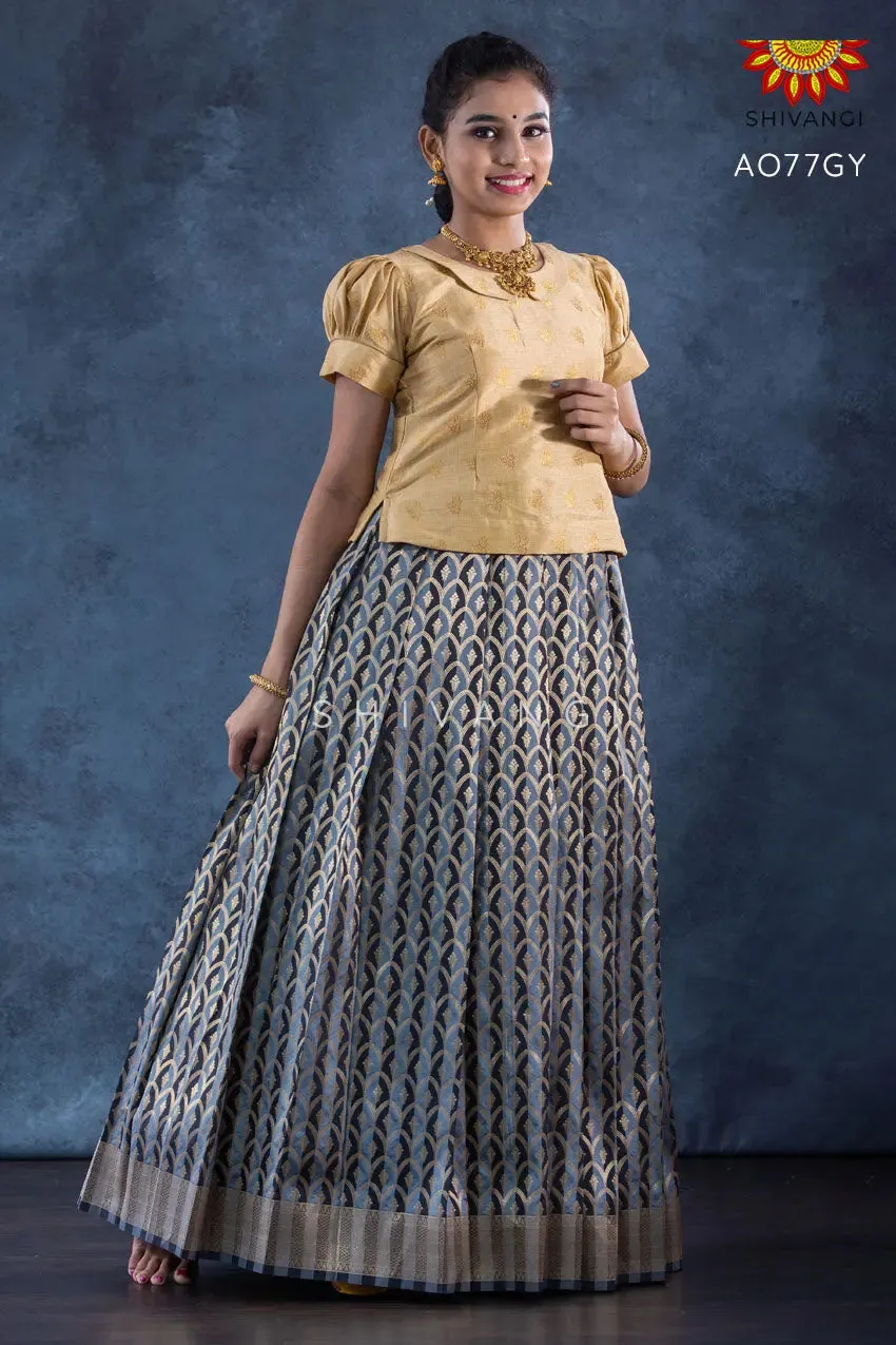 Girls Grey Golden Honeycomb Pattu Pavadai