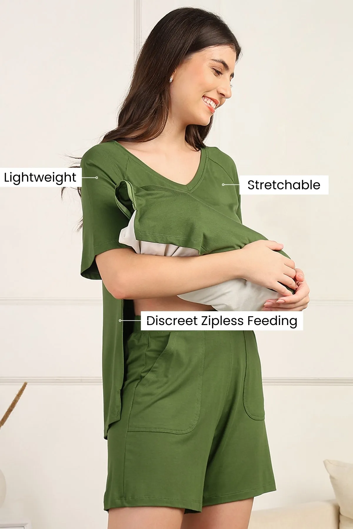 Green Maternity Nursing Top & Shorts Set