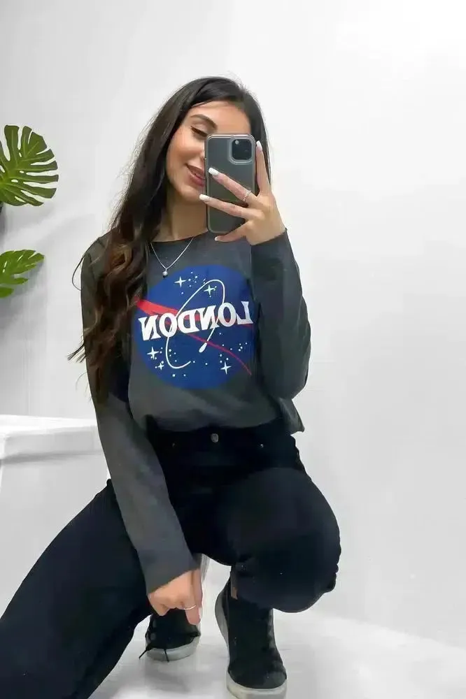 Grey London Galaxy Print Cropped Sweatshirt