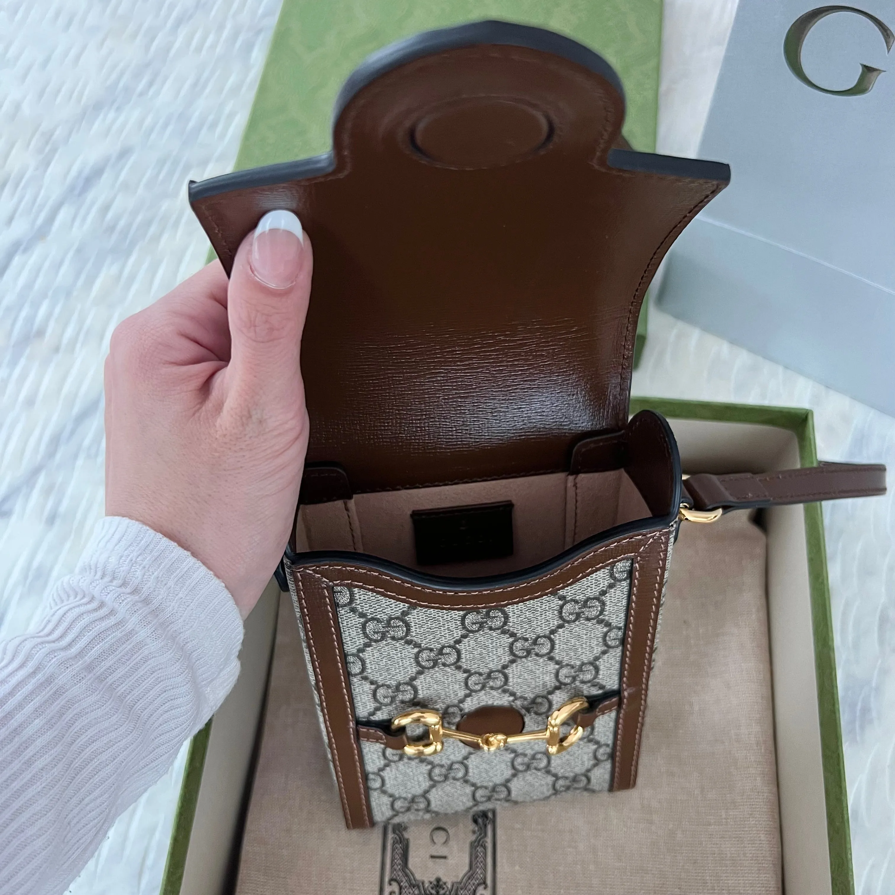 GUCCI Brown GG Supreme 'Gucci 1955' Horsebit Mini Bag