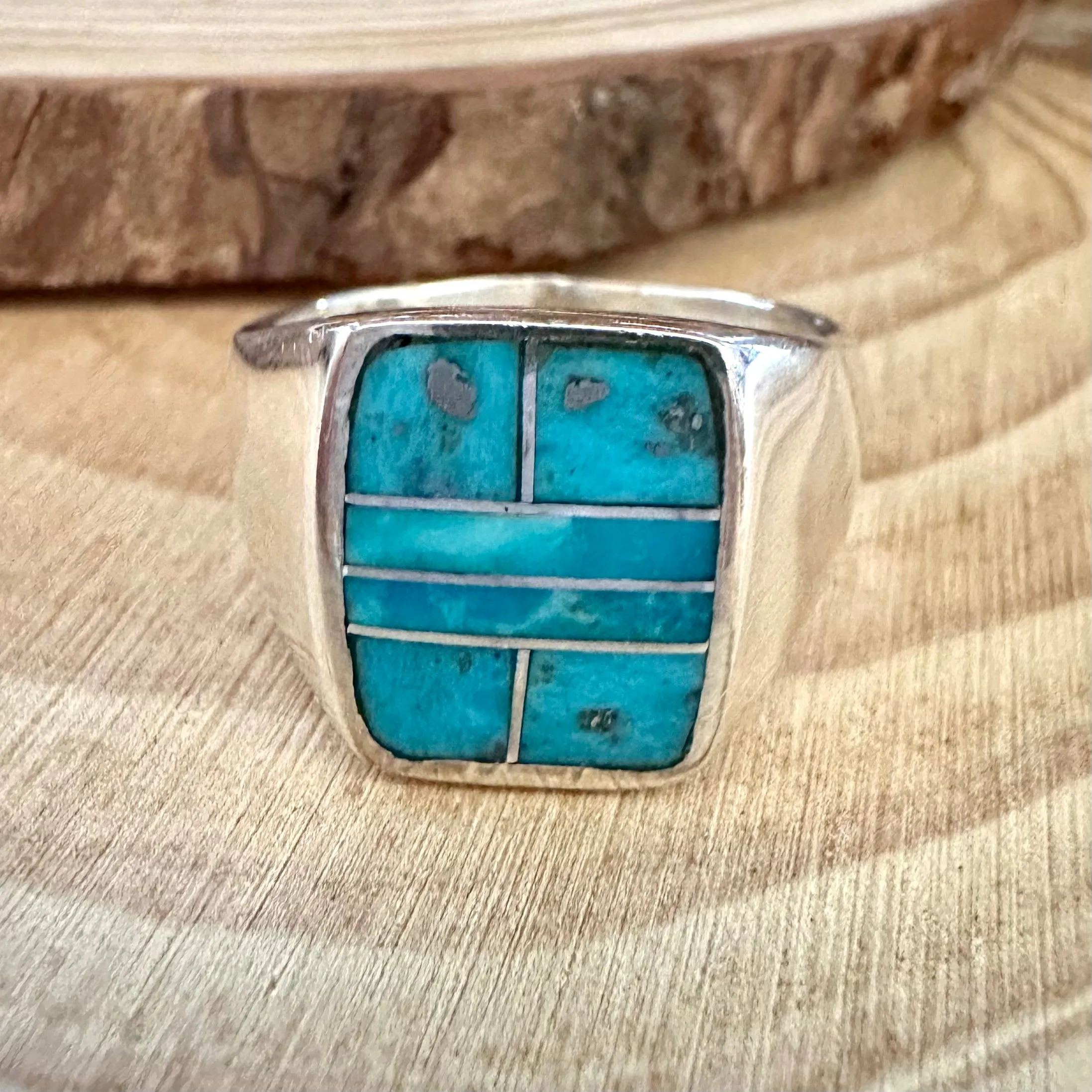 OPEN OCEAN Turquoise & Sterling Silver Native American Inlay Ring Mens  Size 11