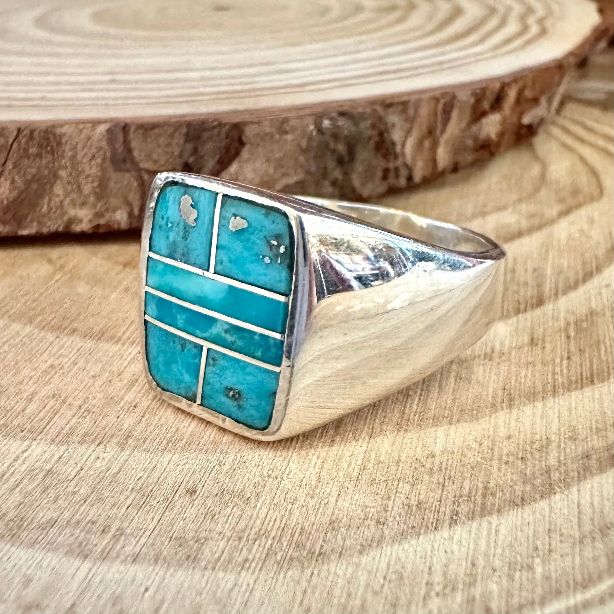 OPEN OCEAN Turquoise & Sterling Silver Native American Inlay Ring Mens  Size 11