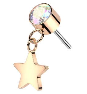 Rose Gold PVD Rainbow Aurora CZ Dangle Star Titanium Threadless Top