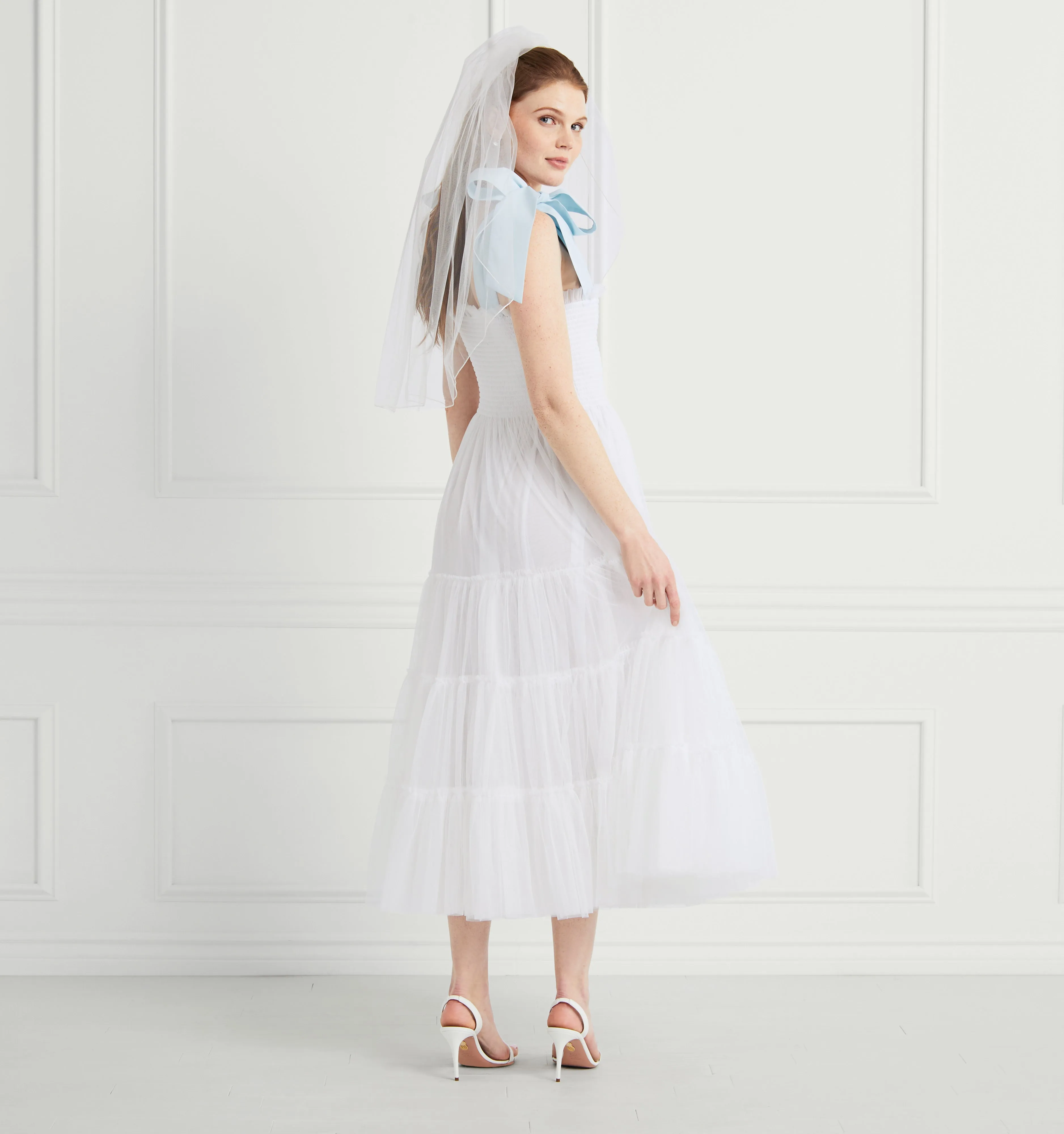 The Tulle Ribbon Ellie Nap Dress - White Tulle with Blue Ribbon