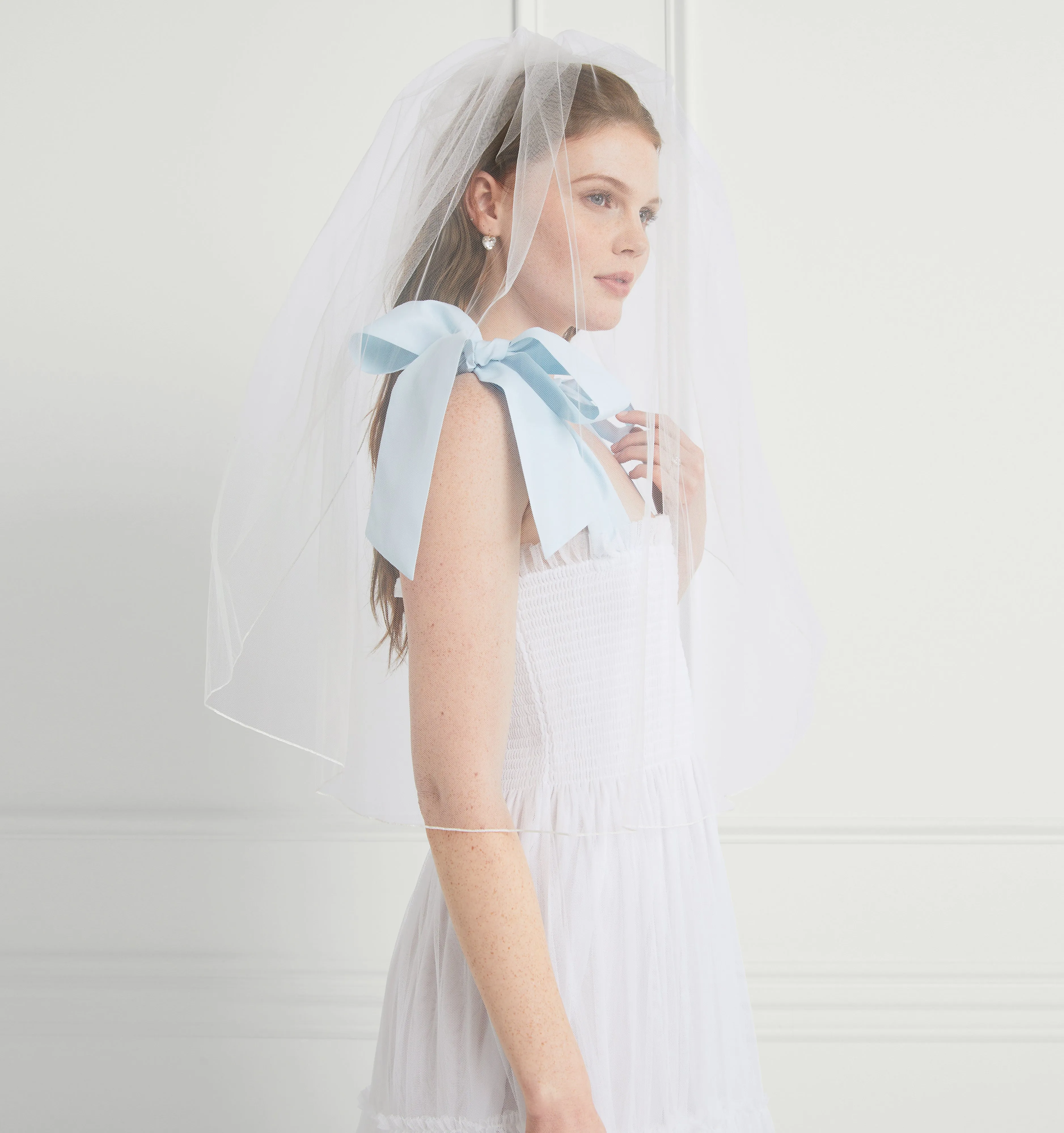 The Tulle Ribbon Ellie Nap Dress - White Tulle with Blue Ribbon