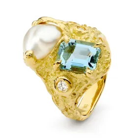 'Where the Desert Meets the Sea' Aquamarine, South Sea Pearl and Diamond Ring